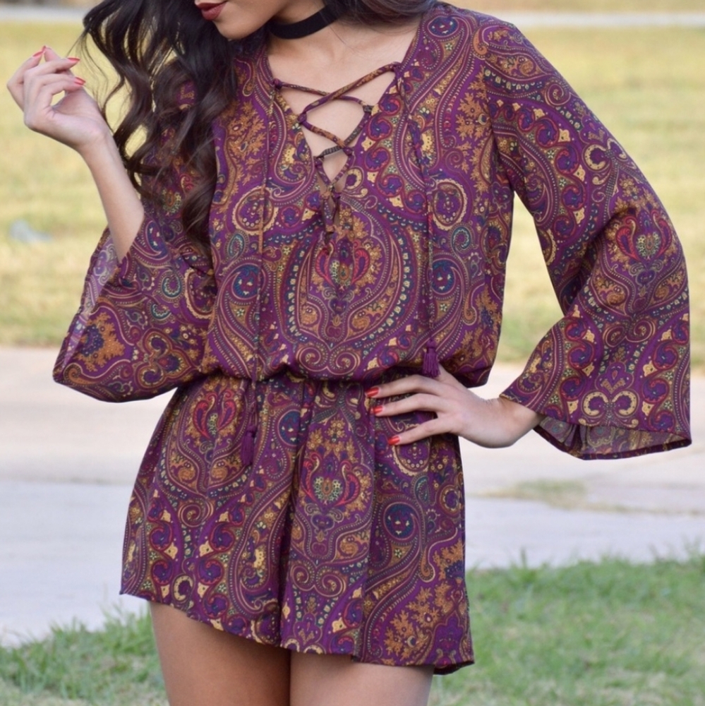 Tillie Tie Romper Purple Gold Paisley